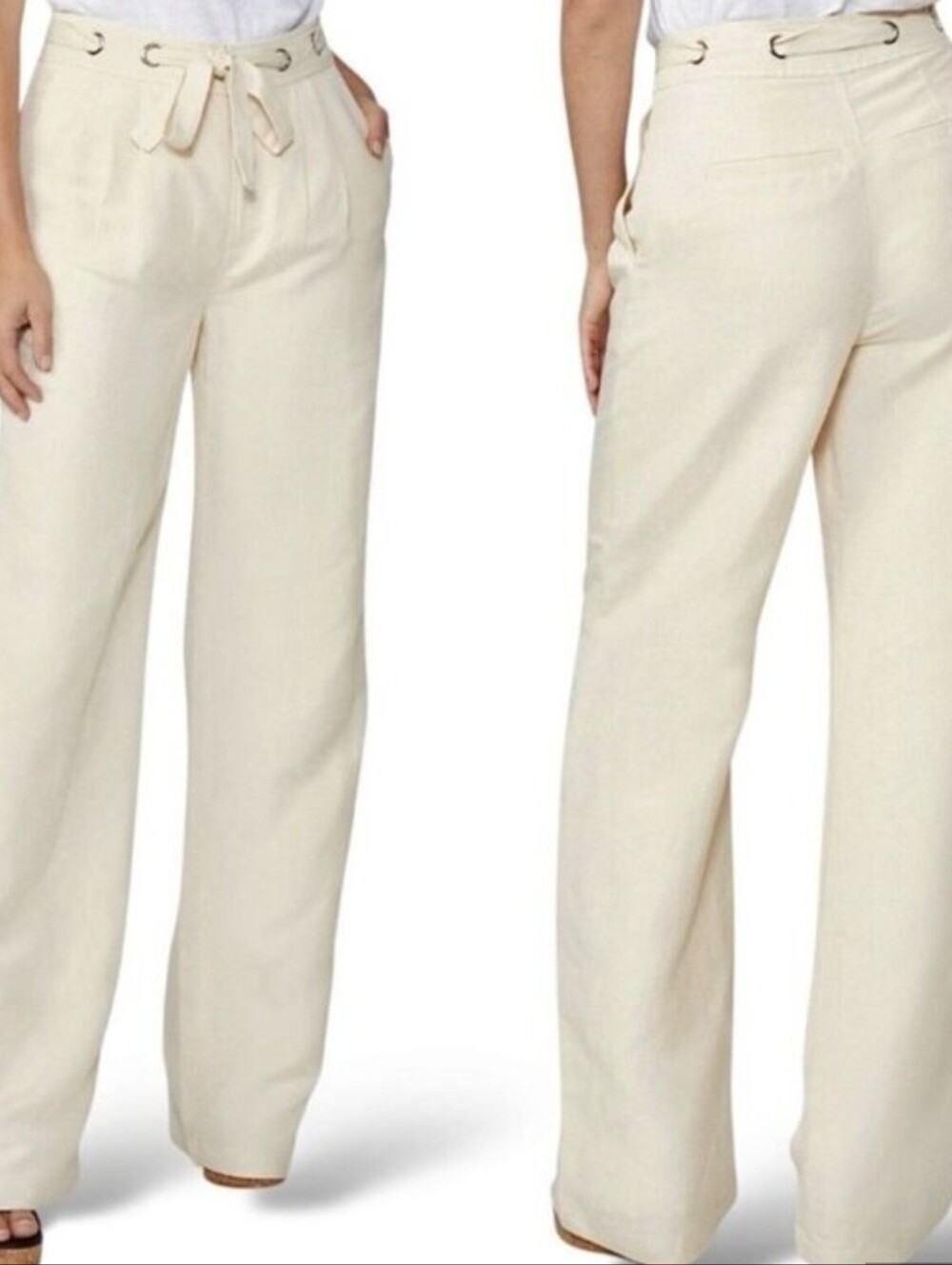 PAIGE Linen Cream Wide Leg Tie-Waist Pants